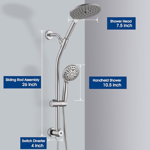 High Pressure Shower Head with Handheld Shower, 26" Adjustable Height Drill-Free Slide Bar, 3-Way Diverter for Easy Reach, Dual Shower Head Combo Set with 5ft Hose - Brushed Nickel - color: Brushed Nickel