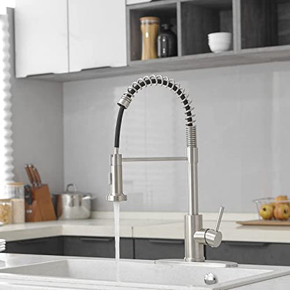 VOTON Kitchen Faucets with Pull Out Sprayer Commercial Spring Sink Faucet Stainless Steel Brushed Nickel Pull Down Single Handle Farmhouse faucets with Deck Plate for Camper Laundry Utility Rv Wet Bar - color: Brushed Nickel
