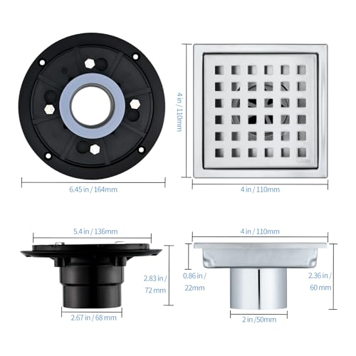 Square Shower Drain 4-Inch. with ABS Flange, Removable Grille,Bathroom Brushed Stainless Steel Shower Floor Drain - color: 4-inch Brushed