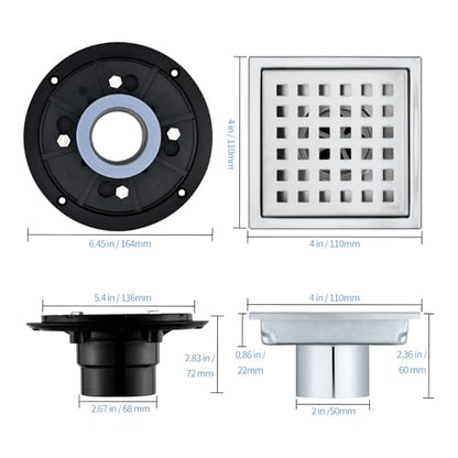 Square Shower Drain 4-Inch. with ABS Flange, Removable Grille,Bathroom Brushed Stainless Steel Shower Floor Drain - color: 4-inch Brushed