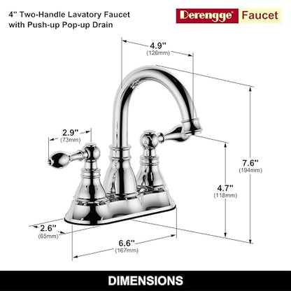 Chrome 4 Inch Centerset Bathroom Sink Faucet 3 Hole with Pop up Drain | Derengge High Arc Classic 2-Handle Bathroom Faucet, Vanity Lavatory Faucet with 360° Swivel Spout，F-4501-CP - color: Polished Chrome