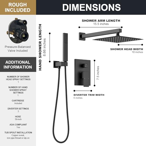 Lava Odoro Modern 2-Setting Square Shower System with Rain Shower Head and Handheld Spray Black, Rainfall Shower Faucet Set Chrome, Shower Valve and Trim Kit, Polished Chrome SF103-MB - color: Matte Black, style: Without Tub Spout