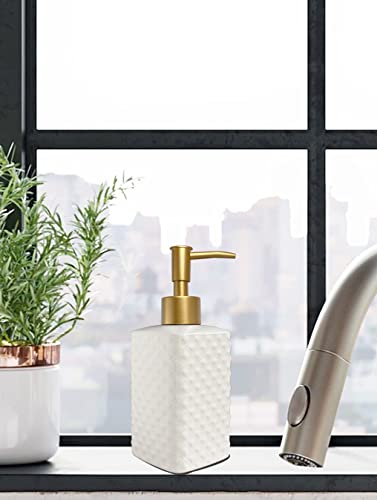 Chic Unique White Soap Dispenser for Bathroom with Golden Pump,Lotion Dispenser, Refillable Countertop Ceramic Hand Dispenser,Dish Dispenser for Kitchen 350ml(White Square Bottle) - color: White Square Bottle