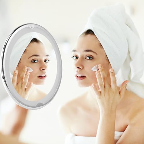 Baluue 7X Magnifying Makeup Mirror with Led, Round 8" Lighted Travel Vanity Tabletop Mirror, Portable Locking Suction Cup and 360° Rotation, Without Battery - size: 8"L x 8"W