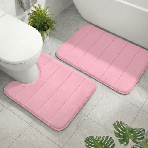 2 Piece Memory Foam Bath Mat Set, Extra Soft Absorbent Bathroom Rugs with U-Shaped Toilet Rug, Non-Slip Backing, Machine Washable, 24x16 + 20x20 U-Shaped, Pink - color: Pink