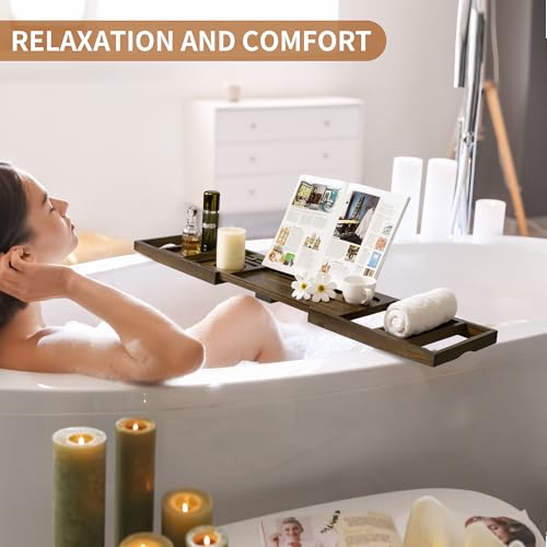 Luxury Teak Bathtub Tray - Foldable Bath Caddy with Expandable Handles, Wine Glass & Phone Holder, Book Stand - Enhance Home Spa Experience with Natural Material - Relaxing & Reading, Light Walnut - color: Light Walnut