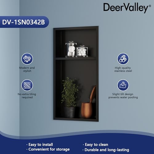 DeerValley Stainless Steel No Tile Needed Shower Niche for Bathroom Storage ，Recessed Wall Niche,Double Shelves(Matte Black, 12 * 24 in)