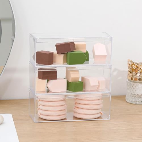3 Pack Qtip Organizer Container with Lid, Clear, Plastic | Bathroom Vanity Storage Canister, For Cotton Swabs and Balls, Makeup Sponges, Floss Picks, For Countertop, Desk Drawer