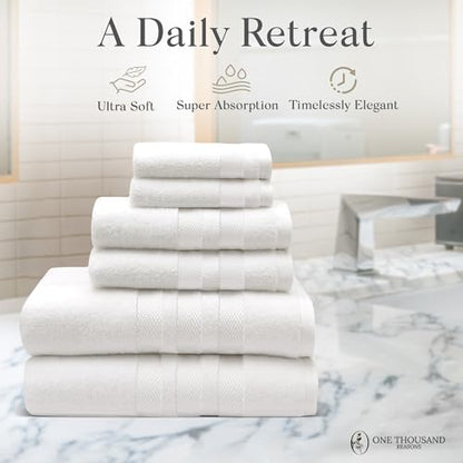 Premium Staple Cotton Bathroom Towel Set - White 600 GSM 6-Piece Luxury Bath Towel Set 3 Stripe - 2 Bath Towels, 2 Hand Towels & 2 Washclothes Set - High Absorbent & Quick Dry for Gym, Spa, Hotel - color: White - 3 Stripe