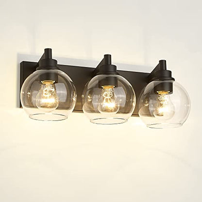 Bathroom Light Fixtures, 3-Light Matte Black Vanity Light, Modern Wall Sconces with Clear Glass Globe Shade, Bathroom Wall Lights for Mirror Kitchen Bedroom Hallway, VL195-MB-3 | 18" modern bathroom light fixtures over mirror, E26 base, bulbs not included