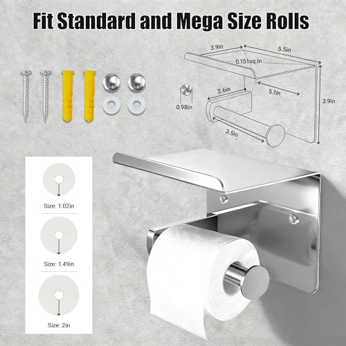 Brushed Nickel Toilet Paper Holder with Shelf, SUS304 Stainless Steel Rustproof Wall Mount Toilet Paper Roll Holder, Screw Bathroom Toilet Paper Holder for Kitchen, Washroom, RV - color: Brushed Nickel