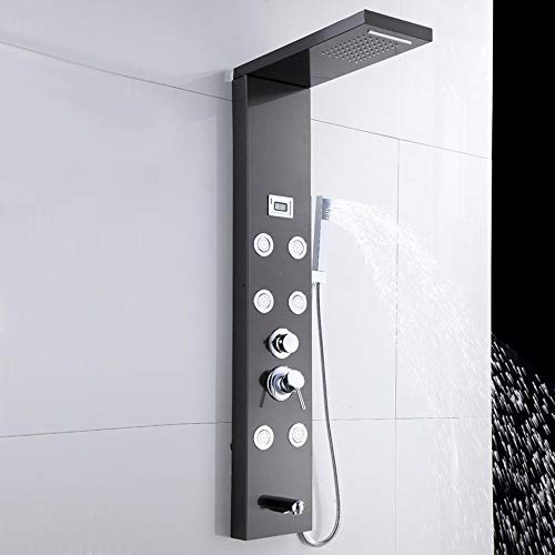 Black Shower Panel System Digital Display Shower Panel Tower Multifunction Stainless Steel Shower System with Rain Shower Head, Handheld Sprayer, Massage Body Jets, Tub Spout
