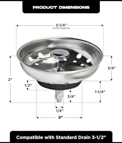 Highcraft 97333 Kitchen Sink Basket Strainer Replacement for Standard Drains (3.25 Inch) Chrome Plated Stainless Steel Body With Rubber Stopper, 3.25" - size: Pack of 1