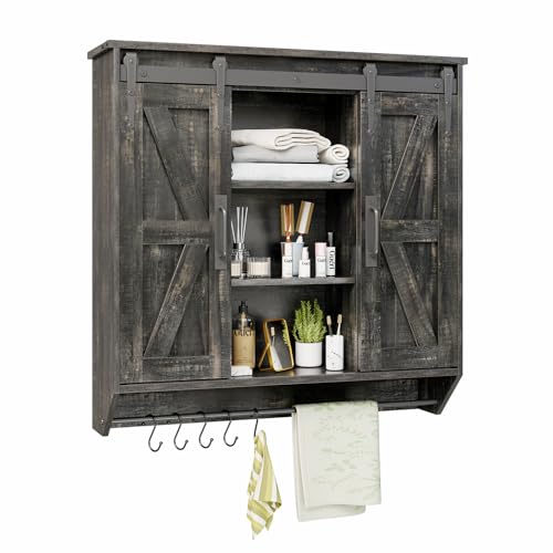 Trironsun Farmhouse Medicine Cabinet 2 Sliding Barn Doors 3 Tier Rustic Wood Wall Storage Cabinet Adjustable Shelf Towel Bar Wall Mounted Bathroom Wall Cabinet - color: Dark Rustic Oak