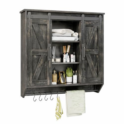 Trironsun Farmhouse Medicine Cabinet 2 Sliding Barn Doors 3 Tier Rustic Wood Wall Storage Cabinet Adjustable Shelf Towel Bar Wall Mounted Bathroom Wall Cabinet - color: Dark Rustic Oak