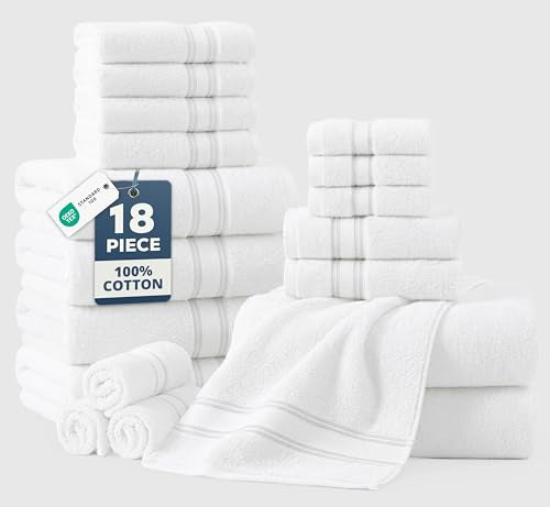 LANE LINEN Bath Towel Set 100% Cotton 18 Piece Soft Absorbent - White | Shower Towels - Generously Sized, Oversized & Roomy, Lightweight & Breathable, Fade-Resistant Color, Classic Terry Weave - color: 02: White, size: 18 Piece Towel Set
