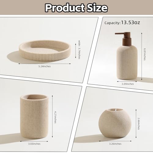 Bathroom Accessories Set, 5 PCS Modern Bath Organizer, Beige | Sandstone Look, Stripe,13.53 OZ Soap Dispenser,Toothbrush Holder,Tumbler,Soap Dish,Candle Holder for Countertop Kitchen Sink - color: Beige