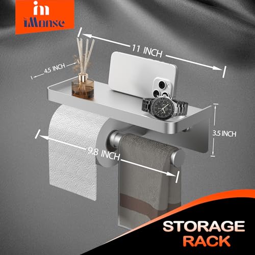 Double Toilet Paper Holder with Shelf, iMonse Paper Towel Holder Wall Mount,Tissue Roll Holder for Bathroom Kitchen RV, Double Tissue Roll Rack with Adhesive & Screw (Silver) - color: Silver-twoside