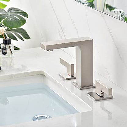 sumerain 8 Inch Widespread Brushed Nickel Bathroom Faucet 2 Handles Lavatory Faucet with Quick Install Hose - color: Brushed Nickel