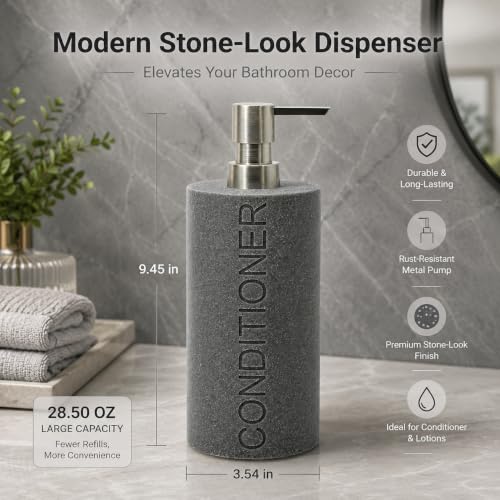 Resin Neutral Gray Sandstone Conditioner Engraved Bottle Refillable Pump Dispenser, Durable Waterproof Resin Construction for Bath, Shower - Gray Sandstone Satin Nickel Pump - color: Gray Sandstone Resin, Nickel Pump - Conditioner