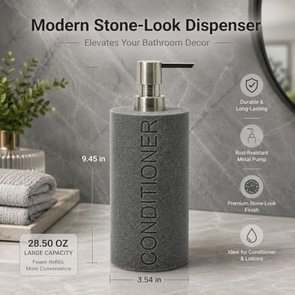 Resin Neutral Gray Sandstone Conditioner Engraved Bottle Refillable Pump Dispenser, Durable Waterproof Resin Construction for Bath, Shower - Gray Sandstone Satin Nickel Pump - color: Gray Sandstone Resin, Nickel Pump - Conditioner