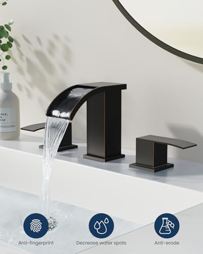 gotonovo Waterfall Bathroom Faucet 3 Hole Square Body,Oil Rubbed Bronze | SUS304 8’’ Widespread Bathroom Sink Faucet,2.17’’ Wide Spout,24’’ cUPC Hose,Pop Up Drain,2 Handle,Vanity,Lavatory,Basin,RV - color: Bromze