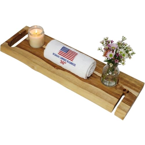 EcoDecors Eleganto 30" Live Edge Solid Teak Bath Caddy Tray with Handle, Book & Tablet Holder, Wine Glass Holders, Luxury Bathtub Tray - style: 30" Live Edge