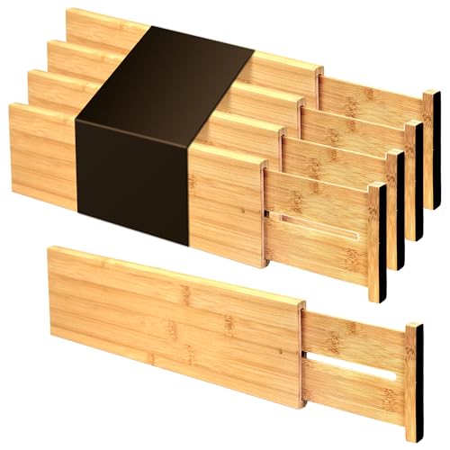 Utoplike Bamboo Drawer Dividers Large, 4" High Kitchen Drawers Organizer | Adjustable, Spring Loaded, Works in Bathroom, Bedroom, Dresser, Office, 4pcs for Clothing, Fit for 18.6"-20.6" Inner Drawer - color: Natural, size: 4"H, Large