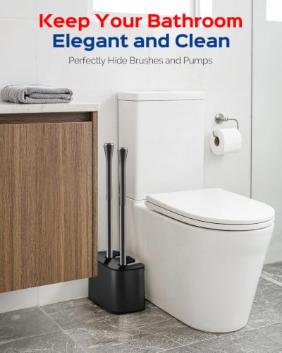 HAMITOR Toilet Bowl Brush and Plunger Set: 2-in-1 Hidden Holder Design | Deep Cleaning Curved Bristles, Stainless Steel, 22'' Long Handles, Modern Apartment Bathroom Accessories, Black, 1-Pack