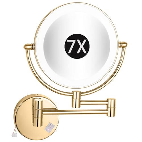 8" Wall Mounted Lighted Makeup Mirror, Hardwired Double Sided LED Magnifying Extended Arm 360° Swivel Bathroom Vanity Mirror,Gold,7X - color: Gold, size: 7X