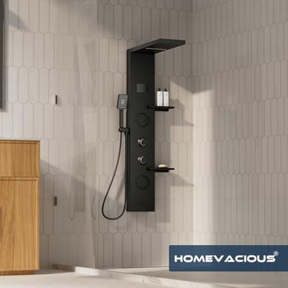 Homevacious 4 In 1 Shower Panel System with Shelf Matte Black | LED Rain Shower Head Adjustable Massage Body Jets 3 Functions Handheld Head Tub Spout Stainless Steel - color: Matte Black, style: LED Shower Panel