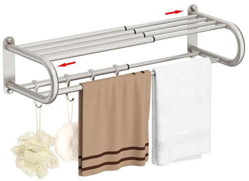 Adjustable Bathroom Towel Rack with Shelf, Towel Bar, Nickel | 15-25 Inch Lavatory Double Towel Bar, Hotel Style Rod with 4 Hooks, Multifunction Towel Holder Wall Mount, Stainless Steel - color: Nickel