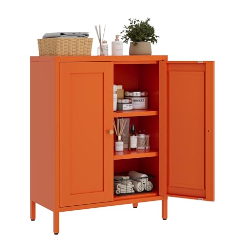 Metal Floor Storage Cabinet, Small Freestanding Sideboard Storage with 2 Adjustable Shelves for Bathroom Entryway Living Room Dining Room Coffee bar,11.8"D x 23.6"W x 31.5"H,3-Tier,Orange - color: Orange, size: 11.8"D x 23.6"W x 31.5"H