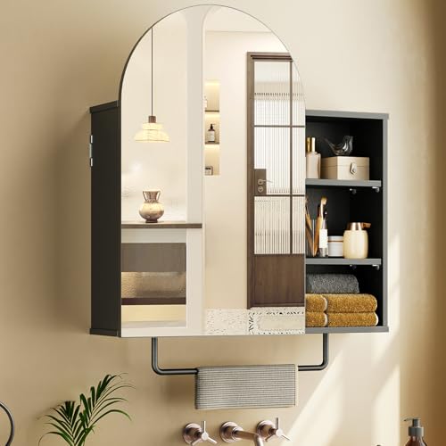 Arched Bathroom Medicine Cabinet Mirror with Storage, Modern Arch Mirrored Cabinets, Wall-Mounted Vanity with 2 Adjustable Shelves & Towel Bar, Not Recessed, Black - color: Black