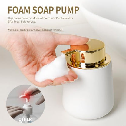Bosilunlife 12Oz Ceramic Foam Soap Dispenser for Bathroom Kitchen Counter | Premium countertop foam pump creates delicate dense foam, stable desktop placement, Matte White with Gold - color: White&gold