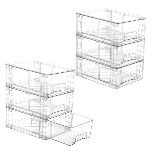 Vtopmart 6 Pack Stackable Storage Drawers,Clear Acrylic Drawer Organizers with Handles, Easily Assemble Containers for Fridge, Bathroom,Kitchen Undersink,Cabinet,Pantry Organization and Storage | Clear Drawer Organizers with Removable Dividers for Flexibl