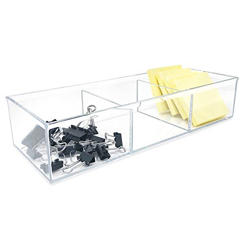 Isaac Jacobs Large 3-Compartment Acrylic Stackable Organizer (12.9" L x 5" W x 2.7" H), Multi-Sectional Tray & Storage Solution for Makeup, Craft Supplies, Bathroom, Kitchen, Office (Clear) | (12.9" L x 5" W x 2.7" H), Multi-Sectional Storage Solution for