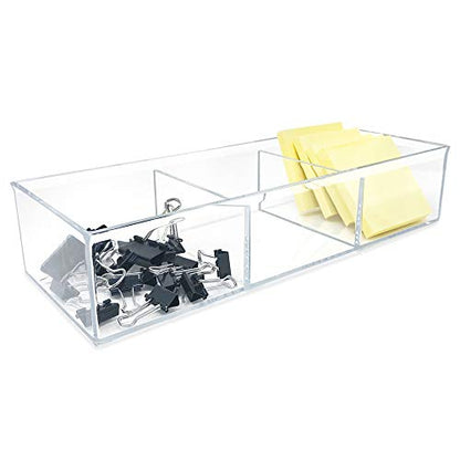 Isaac Jacobs Large 3-Compartment Acrylic Stackable Organizer (12.9" L x 5" W x 2.7" H), Multi-Sectional Tray & Storage Solution for Makeup, Craft Supplies, Bathroom, Kitchen, Office (Clear) | (12.9" L x 5" W x 2.7" H), Multi-Sectional Storage Solution for
