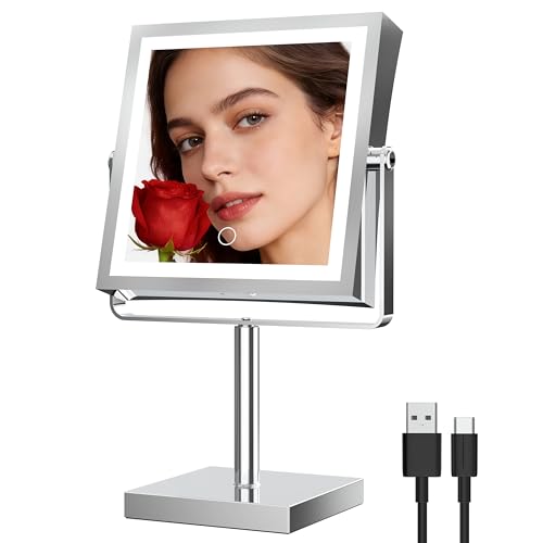 Ruacq Makeup Mirror with Lights, 4000mAh Rechargeable Magnifying Mirror with Light, 1X/10X, Height Adjustable Bathroom Vanity Mirror, 3 Colors, Adjustable Brightness (Chrome) - color: Chrome