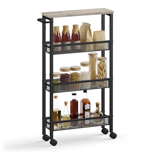 VASAGLE Slim Rolling Cart, 4-Tier Storage Cart, Narrow Cart with Handle, 5.1 Inches Deep, Metal Frame, for Kitchen, Dining Room, Living Room, Home Office, Heather Greige and Classic Black ULRC032K01 - color: Heather Greige + Classic Black, size: 4 Tiers (
