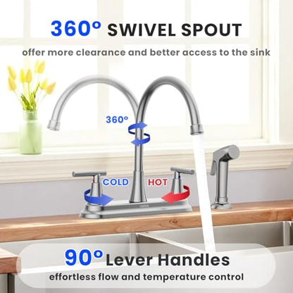 HURRAN 2-Handle Kitchen Faucet with Pull-Out Side Sprayer, 8 Inch High Arch Stainless Steel 360°Rotating Kitchen Sink Faucet, 4 Hole Faucet for Kitchen Bar Rv Camper, Nickel - color: Nickel, style: With Side Sprayer