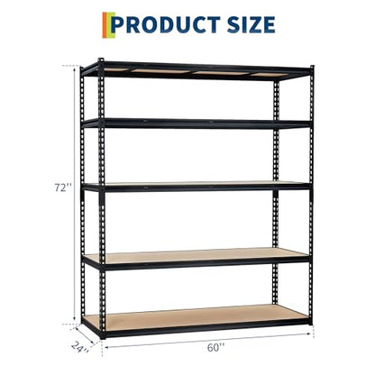 PeakPursuit Storage Shelving Unit, 5-Tier Adjustable Metal Storage Shelves, 60" L x 24" W x 72" H Heavy Duty Garage Storage Shelves for Kitchen Pantry Basement Bathroom Laundry - size: 60" L x 24" W x 72" H