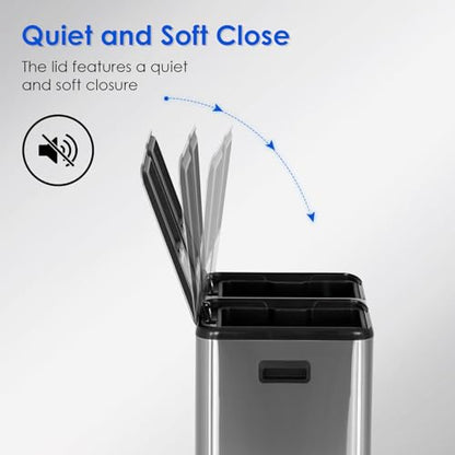 16 Gallon Stainless Steel Foot Pedal Trash Can,Rectangular Removable Inner Buckets Dual Compartment Recycling Large Capacity 60 Liter (30Lx2) Kitchen Garbage Can with Soft Close Lid for Kitchen Office - style: Dual Lid(60L)