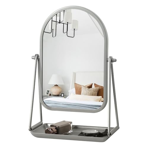 Vanity Mirror for Desk Arched Table Makeup Mirror 360°Rotation Freestanding Vanity Mirror with Metal Tray Silver Countertop Mirror with Storage for Living Room Bedroom Bathroom - color: Arched-silver