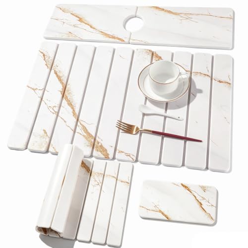 3 Pcs Large Stone Dish Drying Mat for Kitchen Counter Quick Dry Board Pad | Diatomaceous Earth Stone Drying Set With Sink Faucet Drip Catcher And Small Coaster, Super Absorbent Marble Water Tray - color: White Gold Marble