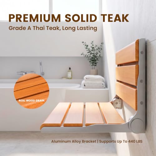 18" Wall Mount Shower Seat, Fold Down Bench for Inside Shower | Natural wood seat provides sturdy support for showering, home care and versatile living spaces - color: Yellow