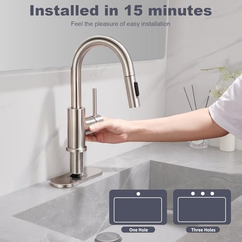 Brushe Nickel Bathroom Sink Faucet with Pull Down Sprayer | 2 Mode Sprayer, with Deck Plate for 1 or 3 Hole, 360° Swivel, with Pop Up Drain for Vanity Bar RV Basin Laundry - color: Brushed Nickel