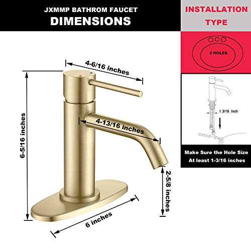 Brushed Gold Single Hole Bathroom Faucet, cUPC NSF Certificate Faucet | Brass Single Handle Bathroom Sink Faucet with Pop Up Drain Assembly and Deck Plate, 1 Handle Faucet for Vanity RV Restroom - color: Brushed Gold, size: Faucet with Deck Plate