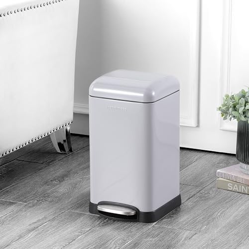 happimess Betty Retro Mini 3.2 Gal Step Trash Can, Gloss Gray | Soft-Close Lid, Removable Liner, Iron, Hands-Free Pedal, Non-Skid Base, Built-In Damper, Modern, Minimalistic - color: Fog Gray