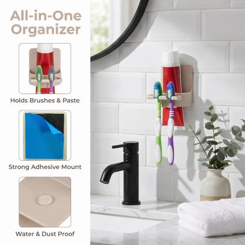 Adhesive Toothbrush Holders, Wall Mounted Space Saving 3 in 1 with Gargle Cup, for Bathroom Shower Mirror, Stick On Tooth Paste Hanger, Daily Use